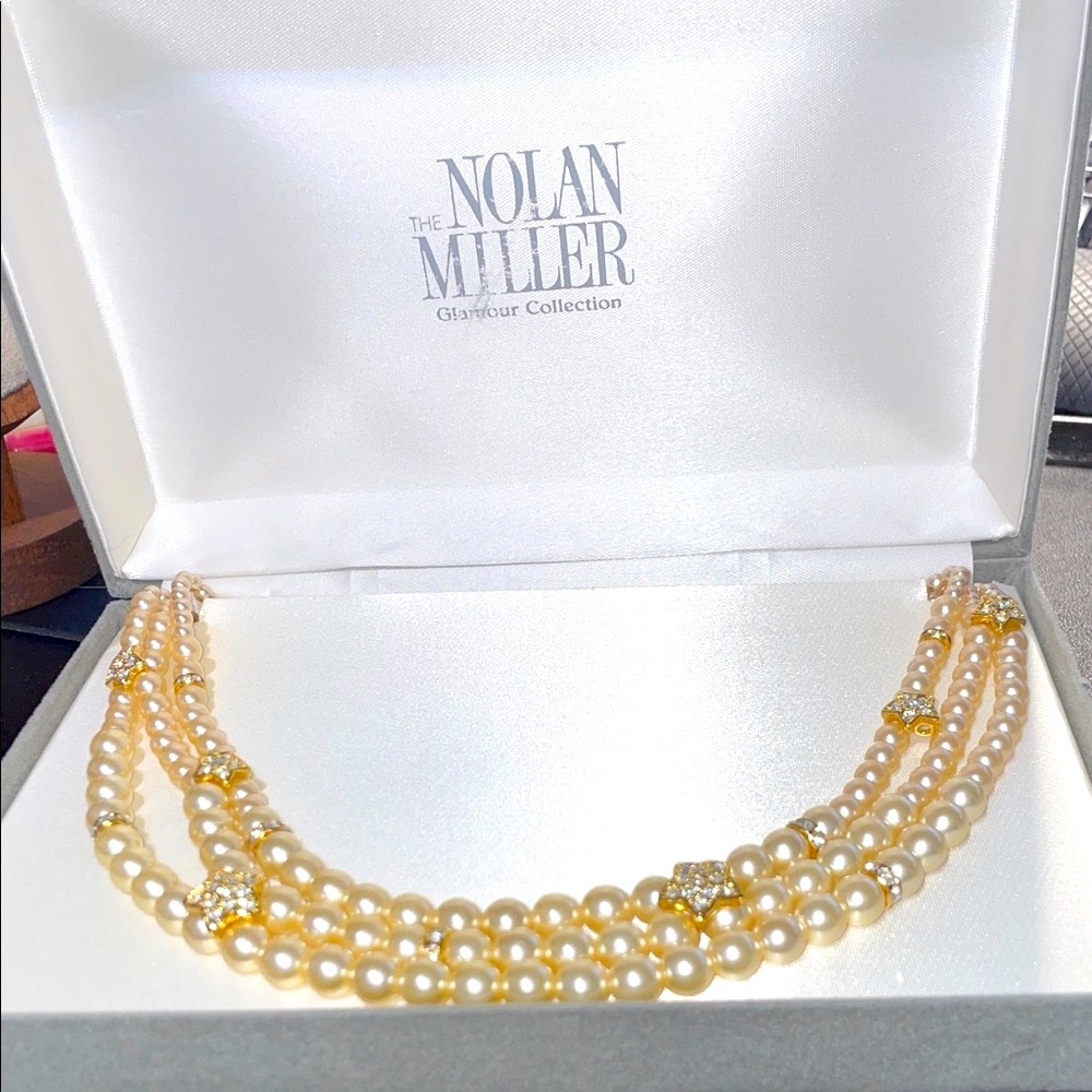 Nolan Milker Elegant triple strand Pearl Necklace Rhinestone and Gold Accents